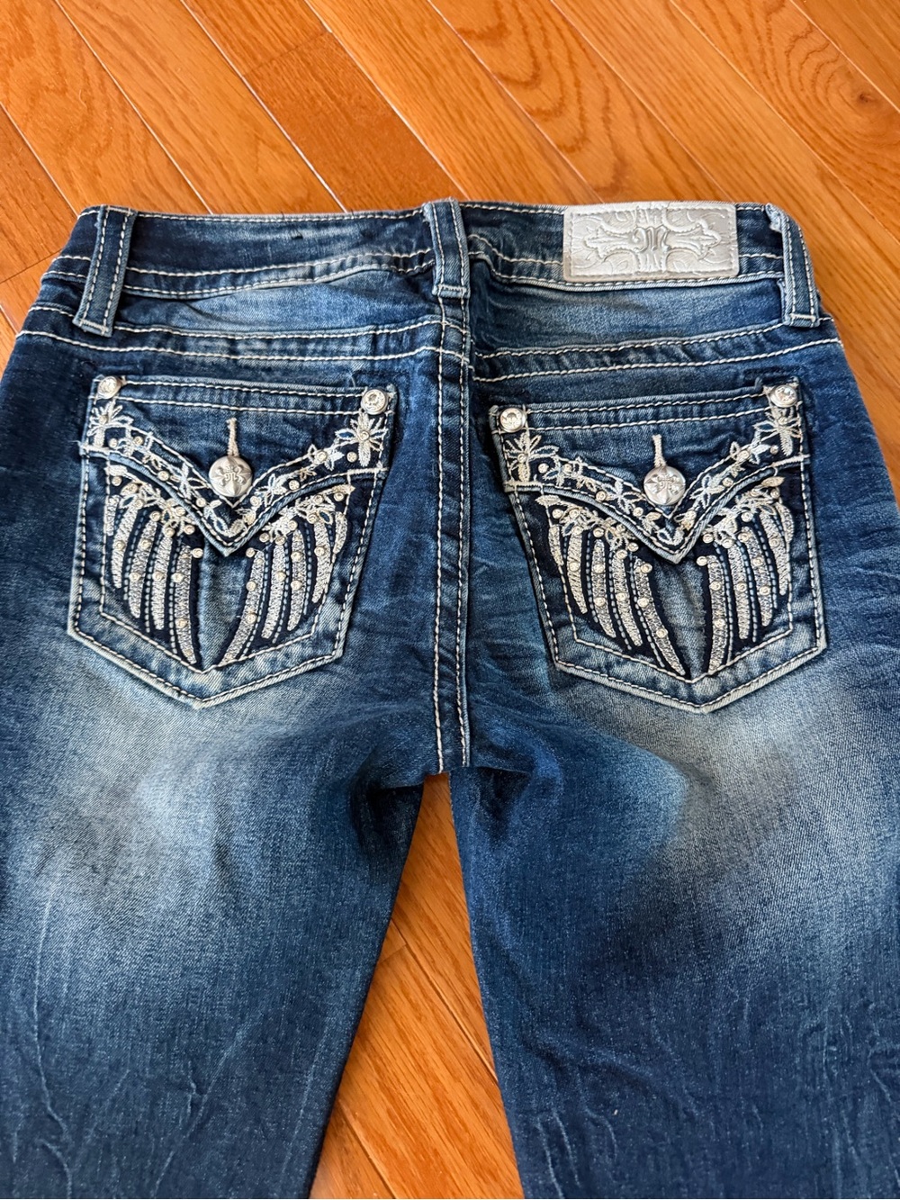 Miss Me Dark Blue Embroidered Ankle Jeans with Rhinestone Pockets
